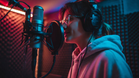 A female vocalist passionately recording in a professional studio, surrounded by acoustic panels and colorful lighting, showcasing the artistry of music creation.の素材