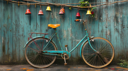 A whimsical shot of a bicycle adorned with colorful bells, parked against a rustic fence, capturing the charm of everyday life and exploration.の素材