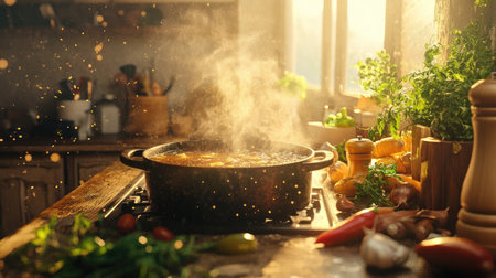 A warm and rustic kitchen scene featuring a bubbling pot of soup on the stove, fresh herbs and vegetables scattered nearby, illustrating the heart of home cooking.の素材
