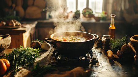 A warm and rustic kitchen scene featuring a bubbling pot of soup on the stove, fresh herbs and vegetables scattered nearby, illustrating the heart of home cooking.の素材