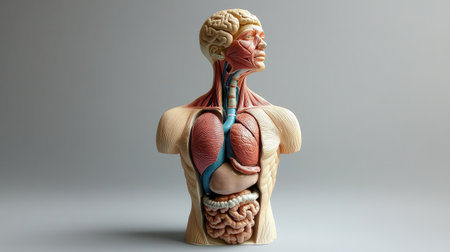 An anatomical model of the human torso, revealing the digestive and respiratory systems, perfect for educational settings in medical schools or anatomy classes.の素材