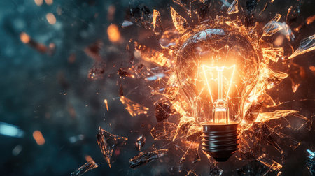 An artistic composition of a broken light bulb surrounded by shattered glass, symbolizing fragility and the transient nature of ideas and creativity.の素材