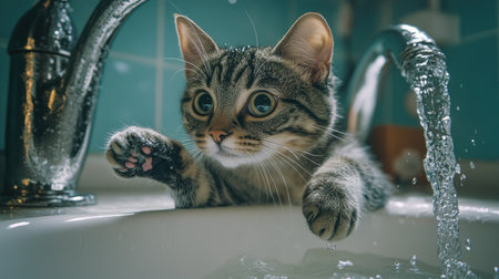An adorable image of a cat standing in a sink, water running from the faucet while it gets a gentle bath, with its paws lifted, looking curiously at the waterの素材