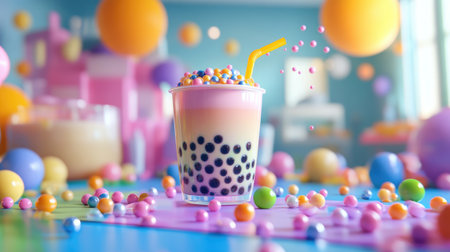 A whimsical perspective of a bubble tea cup on a colorful table, with pearls cascading out and scattered around, capturing the playful and fun nature of bubble teaの素材