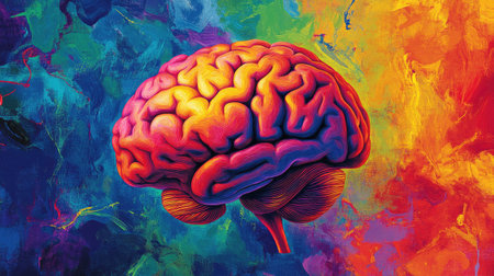 An artistic representation of the human brain with labeled regions, displayed against a colorful background, illustrating the complexities of human cognition and emotionの素材