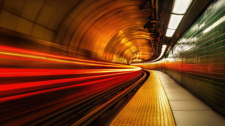 An artistic shot of the curved walls of a subway tunnel, with reflections of the train's lights creating an intriguing and atmospheric effect.の素材