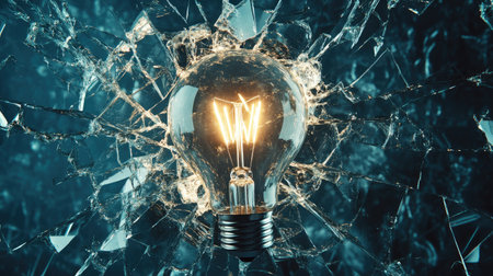 An artistic composition of a broken light bulb surrounded by shattered glass, symbolizing fragility and the transient nature of ideas and creativity.の素材