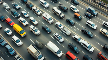 An aerial view of a busy highway filled with cars and trucks during rush hour, showcasing the complexity of modern transportation infrastructure.の素材