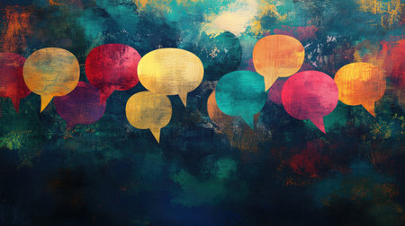 An artistic composition of speech bubbles filled with colorful graphics, symbolizing diverse opinions and thoughts coming together in a creative way.の素材