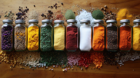 An assortment of colorful spices and sugars laid out on a wooden surface, with labels indicating their unique flavors, creating a visually appealing spice rack.の素材