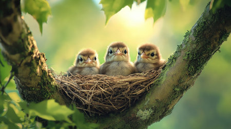 An enchanting view of a nest hidden in a tree branch, with curious chicks peeking out, highlighting their soft feathers and bright eyes against a blurred green background.の素材