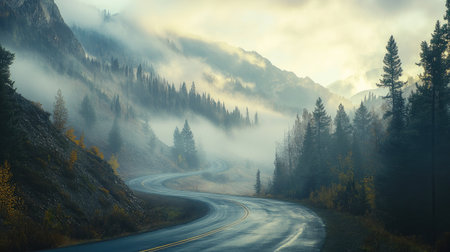 An early morning scene of a foggy mountain road, with soft sunlight filtering through the mist, creating a serene and mysterious atmosphere for travelers.の素材