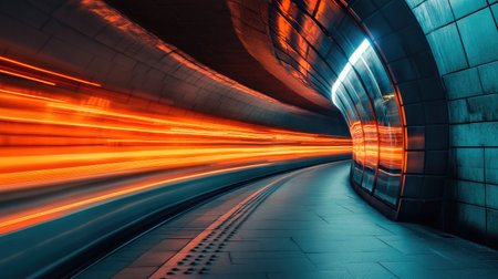 An artistic shot of the curved walls of a subway tunnel, with reflections of the train's lights creating an intriguing and atmospheric effect.の素材