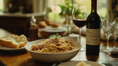 An inviting table setting featuring a large bowl of spaghetti carbonara, garlic bread, and a bottle of red wine, perfect for a family gathering or romantic dinner.の素材