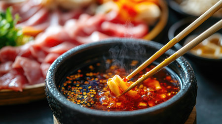 An appetizing shot of a bowl of dipping sauce alongside cooked shabu ingredients, with chopsticks ready to pick up delicious bites, showcasing the flavors of the dish.の素材