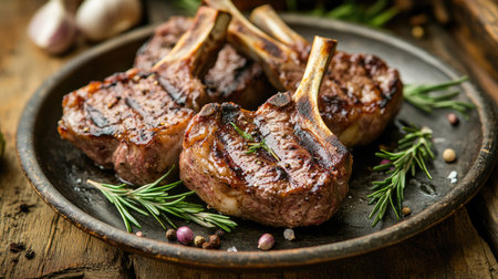Juicy grilled lamb chops with rosemary and garlic, served on a rustic plate, with the tender meat glistening under natural light.の素材