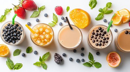 An aesthetically pleasing flat lay of bubble tea ingredients, including tapioca pearls, tea leaves, and fresh fruits, illustrating the preparation process of this delightful drink.の素材