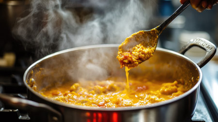 An action shot of a pot of curry bubbling on the stove, with steam rising and a spoonful of vibrant curry paste being added, illustrating the cooking processの素材