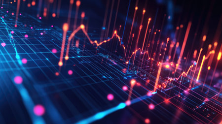 An interactive 3D line graph illustrating sales growth over the years, with glowing data points and grid lines that enhance the visualization.の素材