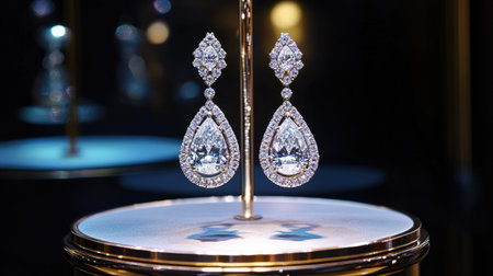 An exquisite pair of diamond drop earrings displayed on a rotating pedestal, the gems twinkling under soft lighting to create a sense of luxury and elegance.の素材