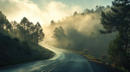 An early morning scene of a foggy mountain road, with soft sunlight filtering through the mist, creating a serene and mysterious atmosphere for travelers.の素材