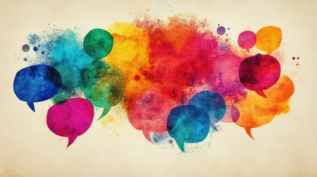 An artistic composition of speech bubbles filled with colorful graphics, symbolizing diverse opinions and thoughts coming together in a creative way.の素材