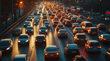 An engaging image of a traffic jam on an expressway during rush hour, highlighting the challenges of urban commuting and the sheer volume of vehicles.の素材
