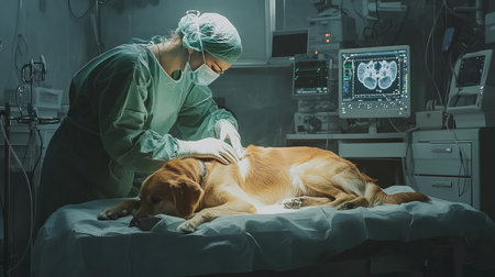 An inspiring image of a veterinarian and an assistant performing surgery on a dog, with surgical tools and monitors, emphasizing the skill and dedication in veterinary medicine.の素材
