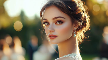 An elegant woman with flawless makeup and a sophisticated updo, captured at an outdoor garden party, exuding grace and charm as she enjoys the celebration.の素材