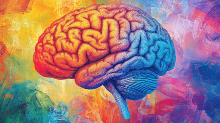 An artistic representation of the human brain with labeled regions, displayed against a colorful background, illustrating the complexities of human cognition and emotionの素材