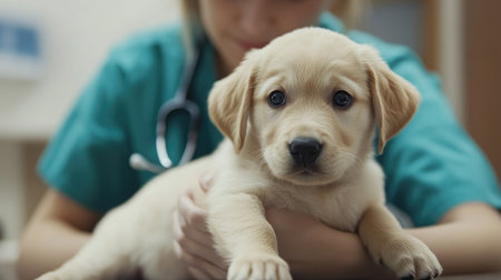 An engaging image of a veterinarian comforting a nervous puppy during an examination, showing the compassionate side of animal care and the importance of trust.の素材