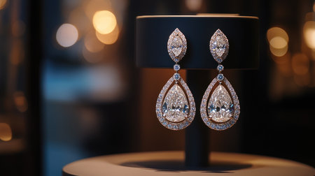 An exquisite pair of diamond drop earrings displayed on a rotating pedestal, the gems twinkling under soft lighting to create a sense of luxury and elegance.の素材