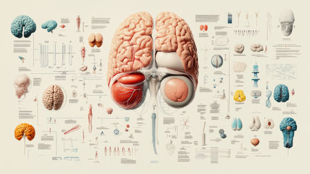 An engaging infographic-style image showing the major human organs, labeled and color-coded, providing a clear overview of human anatomy for educational use.の素材