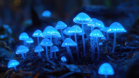 An intriguing image of bioluminescent mushrooms glowing in the dark of a forest, showcasing the natural wonder and beauty of these unique fungi.の素材