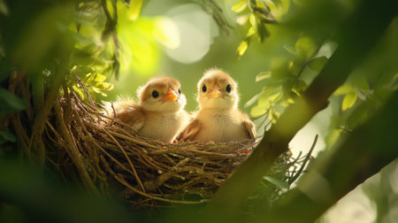 An enchanting view of a nest hidden in a tree branch, with curious chicks peeking out, highlighting their soft feathers and bright eyes against a blurred green background.の素材