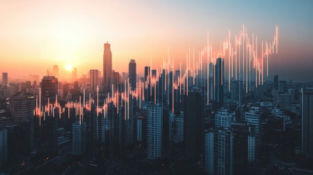 An upward-trending stock graph superimposed over a city skyline, symbolizing economic growth and the connection between finance and urban development.の素材