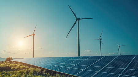 An inspiring image of renewable energy sources like wind turbines and solar panels set against a bright blue sky, showcasing the shift toward sustainable solutions to combat global warming.の素材
