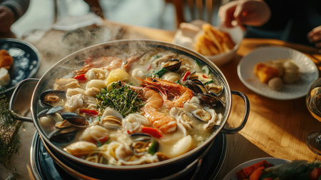 A bubbling hot pot filled with a variety of ingredients, including seafood and vegetables, set on a dining table, inviting family and friends to enjoy a delicious meal together.の素材