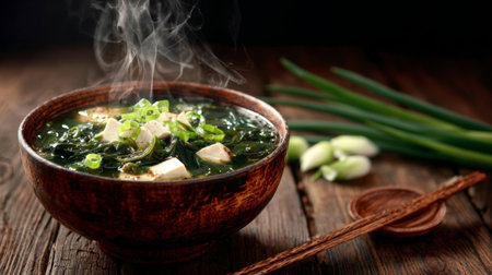 A delicious steaming bowl of vegetable soup featuring tofu and green onions sits on a rustic wooden table, creating a warm and inviting atmosphere for healthy meals.の素材