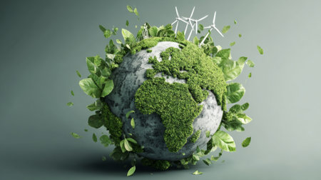 A stunning representation of our planet featuring lush greenery, wind turbines, and abundant leaves, symbolizing the importance of renewable energy and environmental care.の素材