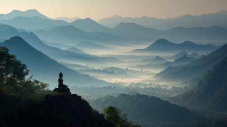 A breathtaking view of a Buddha statue perched on a cliff, surrounded by misty mountains at dawn, capturing a serene atmosphere perfect for meditation and reflection.の素材