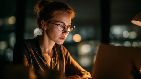A young woman wearing glasses works late at night, focused on her laptop in a cozy, warmly lit workspace, reflecting a modern freelance lifestyle and dedication to her task.の素材