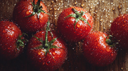 This image features fresh red tomatoes glistening with water droplets on a rustic wooden surface, showcasing their vibrant color and natural appeal, perfect for culinary uses.の素材