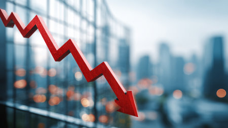 An expressive red arrow illustrating a financial decline over an urban background. This image captures the essence of economic challenges and trends in business.の素材