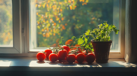 A serene scene of tomatoes resting on a windowsill, bathed in natural light, symbolizing the warmth and comfort of home-cooked meals and fresh ingredients.の素材