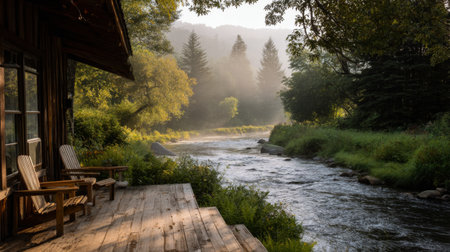 A tranquil morning scene featuring a wooden cabin by a gentle river, surrounded by misty trees, evoking peacefulness and serenity in nature. Perfect for relaxation.の素材