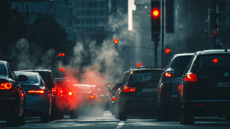 A bustling urban scene depicting heavy traffic during rush hour. Red signal lights illuminate the road while exhaust smoke rises, creating a vivid atmosphere.の素材