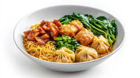 A serving of wonton noodles with golden wontons, char siu, and leafy greens, set against a plain white background to emphasize the dish's colors.の素材