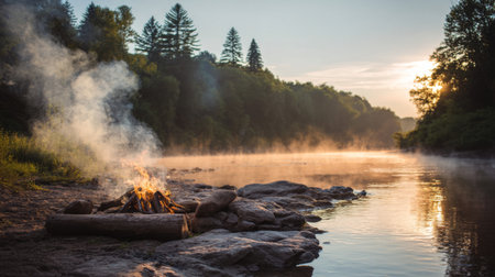 A serene landscape featuring a warming campfire by a misty river, surrounded by lush green trees and a beautiful sunrise, creating a tranquil outdoor escape.の素材