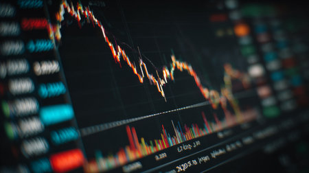 Dynamic financial market chart illustrates a bearish trend with intricate candlestick patterns and vibrant volume indicators, ideal for trading analysis.の素材
